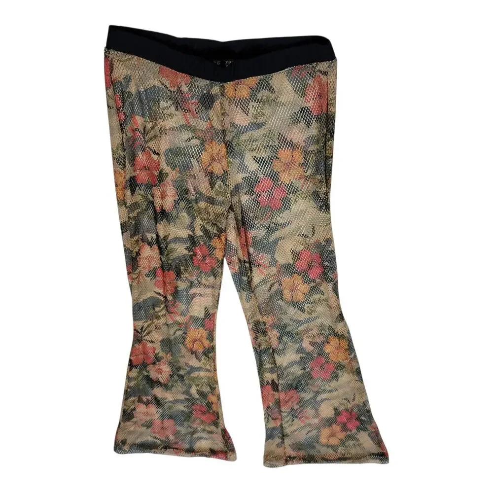 Rouge Mesh Floral Bell Bottom Pants Set Tie‎ Front Crop Top Boho Women's Size 1X